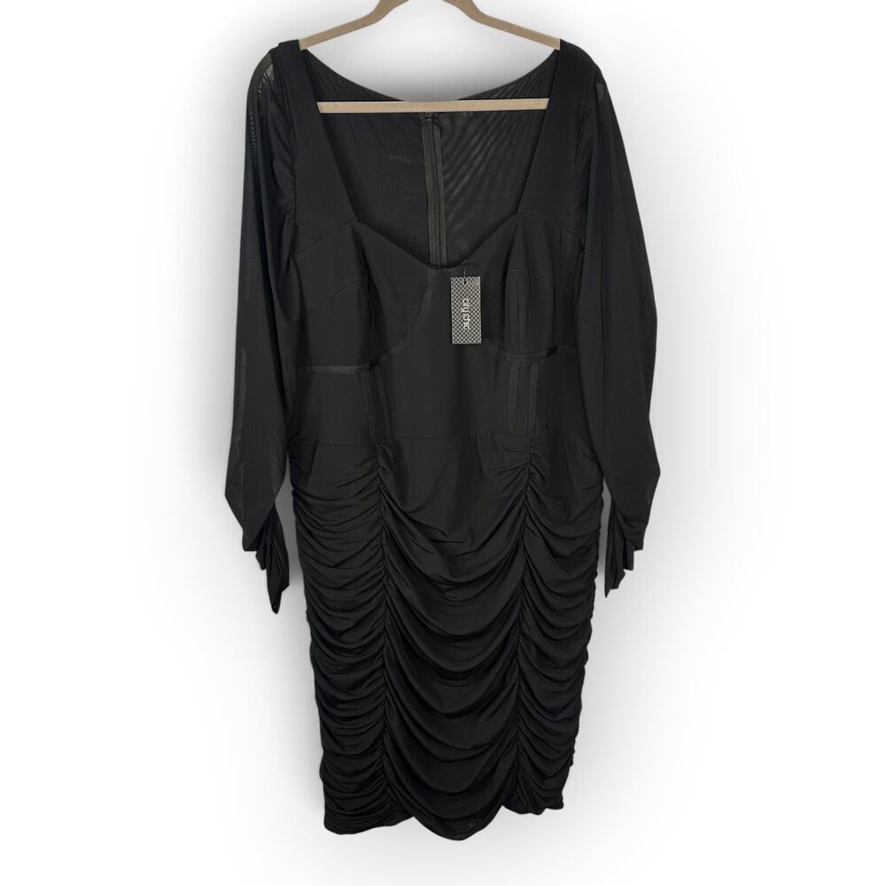 City Chic NWT Sz XL 22 Black Sheer Sexy Bustier Ruched Bodycon Dress Long Sleeve